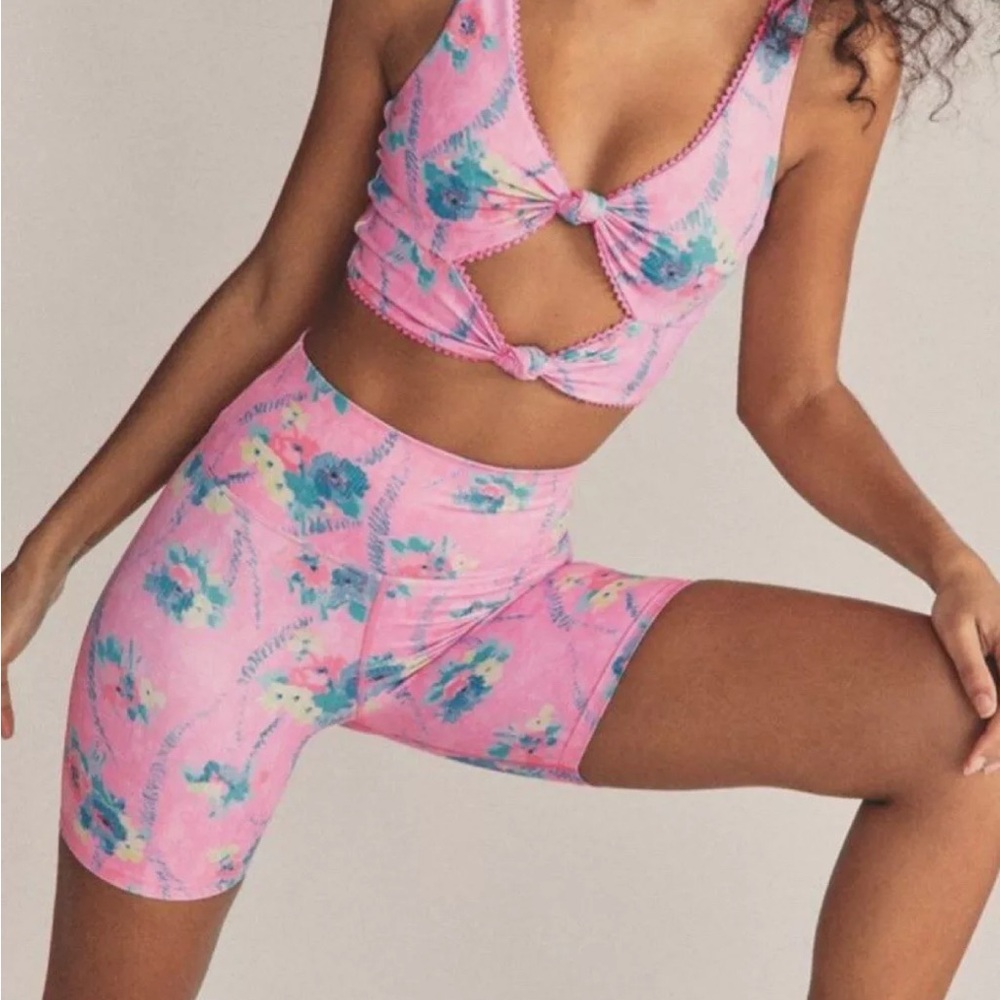 LoveShackFancy X Beach Riot Knot Workout Sports Bra Tank Top Floral Pink Size M